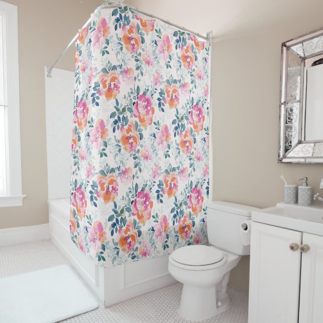Painted Roses Pattern Shower Curtain (In Situ)