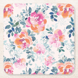 Painted Roses Pattern Square Paper Coaster