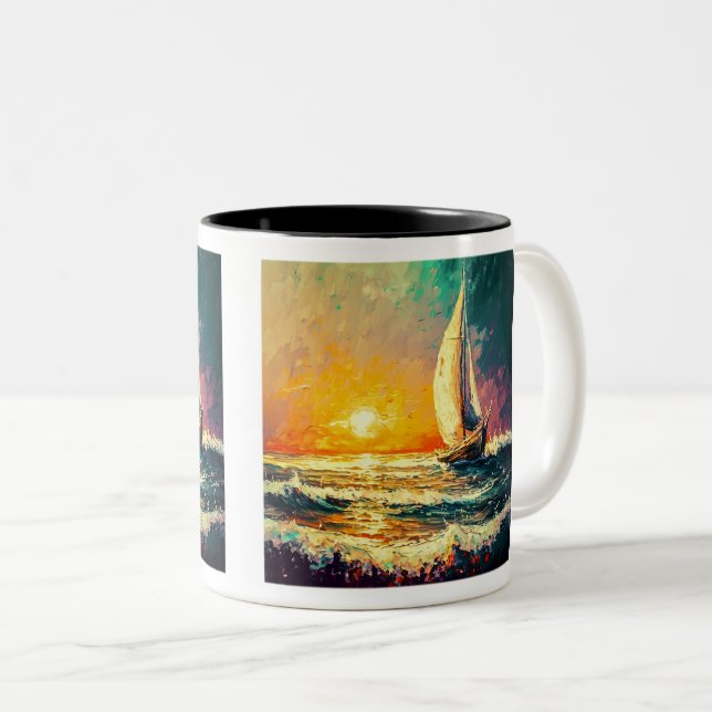 Painted Sailboat Two-Tone Mug, 11 oz  Two-Tone Coffee Mug (Front Right)