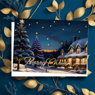 Painted Scene of Christmas House Foil Holiday Card