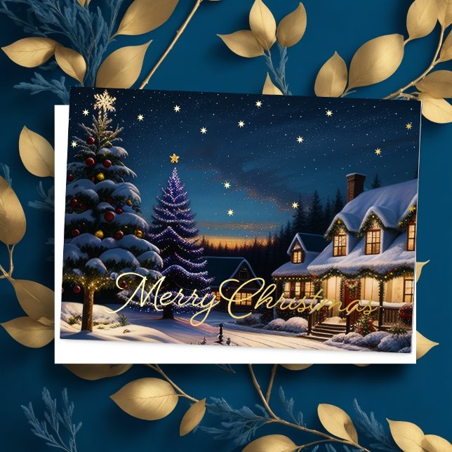 Painted Scene of Christmas House Foil Holiday Card (Creator Uploaded)