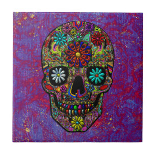 Painted Skull Floral Art Ceramic Tile