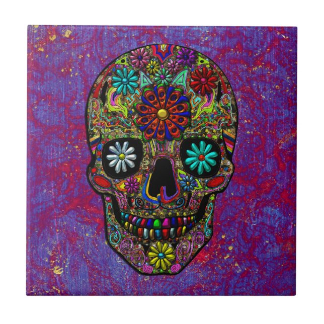 Painted Skull Floral Art Ceramic Tile (Front)