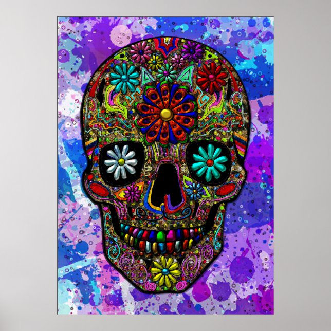 Painted Skull Floral Art Poster (Front)
