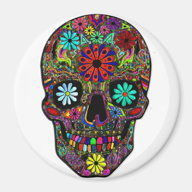 Painted Skull with Flowers Magnet (Front)
