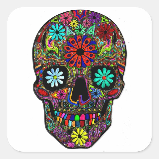 Painted Skull with Flowers Square Sticker (Front)
