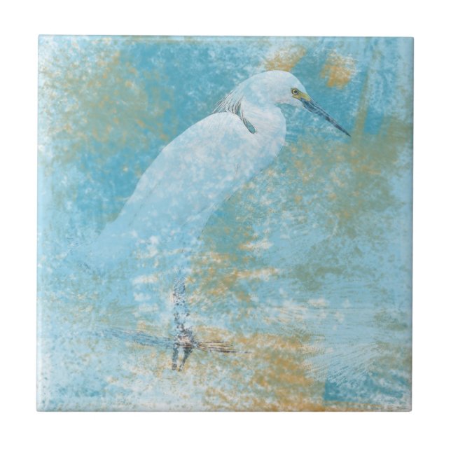 Painted Snowy Egret Small Square Tile (Front)
