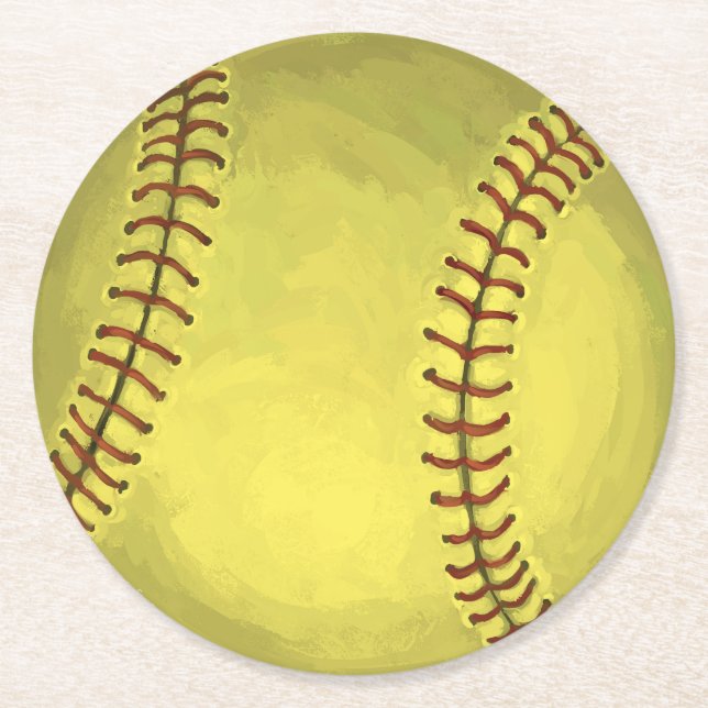 Painted Softball Art Round Paper Coaster (Front)