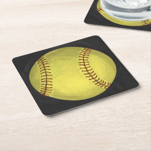 Painted Softball Art Square Paper Coaster (Angled)