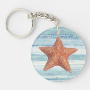 Painted Starfish on Blue Watercolor Stripes Key Ring