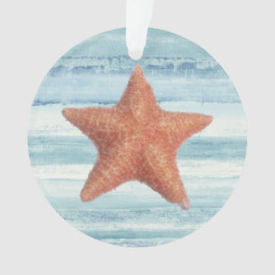 Painted Starfish on Blue Watercolor Stripes Ornament