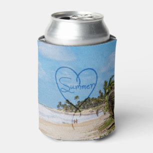 Painted "Summer" Heart Typography Beach Scene Can Cooler