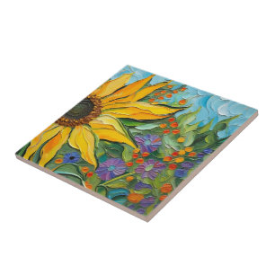 Painted Sunflower Ceramic Tile