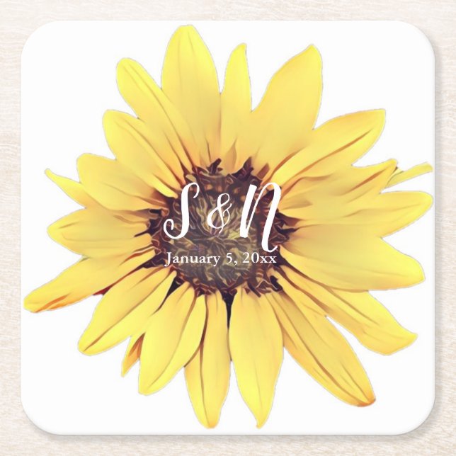 Painted Sunflower Wedding Monogram Square Paper Co Square Paper Coaster (Front)