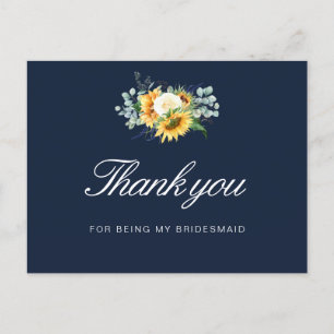 painted sunflowers blue Bridesmaid thank you card