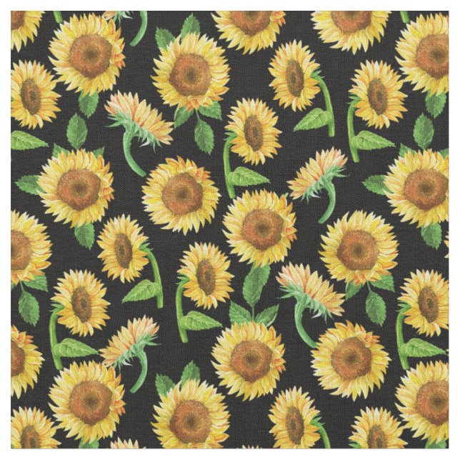 painted sunflowers pattern black fabric (Close Up)