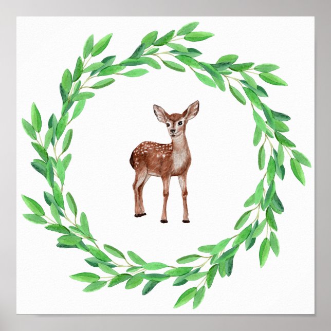 Painted Tiny Baby Deer Fawn Wreath of Leaves Poster (Front)