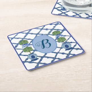 Painted Topiary Chinoiserie Ginger Jars Jar  Square Paper Coaster