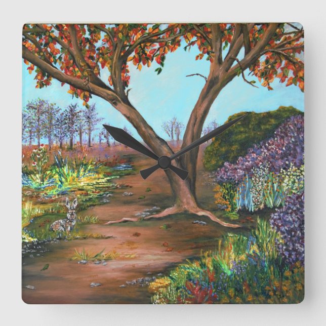 Painted Trees and Blossoms Landscape Acrylic Square Wall Clock (Front)
