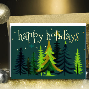 Painted Trees Green Blue Happy Hoildays Foil Holid Foil Holiday Card