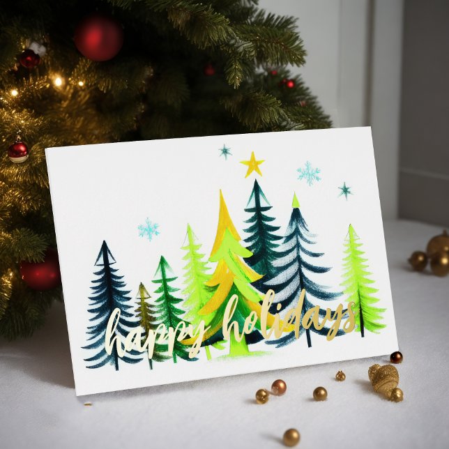 Painted Trees Happy Hoildays Foil Holiday Card (Creator Uploaded)