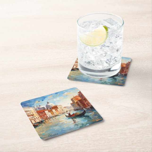 Painted Venice, Italy Square Paper Coaster (Insitu)