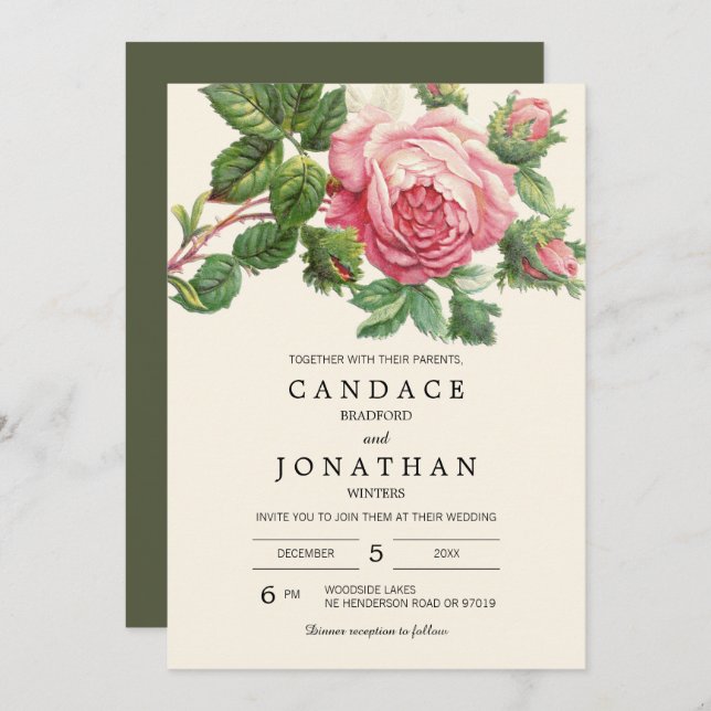 Painted Vintage Rose Boho Wedding Invitation (Front/Back)