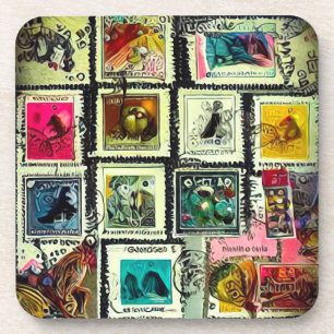 Painted Vintage Stamps Collage Coaster