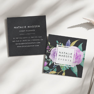 Painted Violet Floral Black Square Business Card