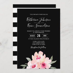 Painted Watercolor Blush Pink Black Floral Wedding Invitation
