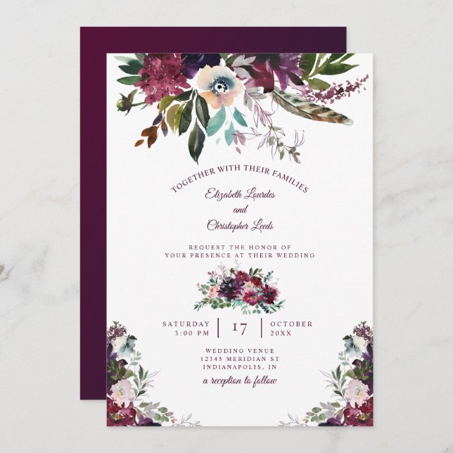 Painted Watercolor Burgundy Floral Wedding Invitation (Front/Back)