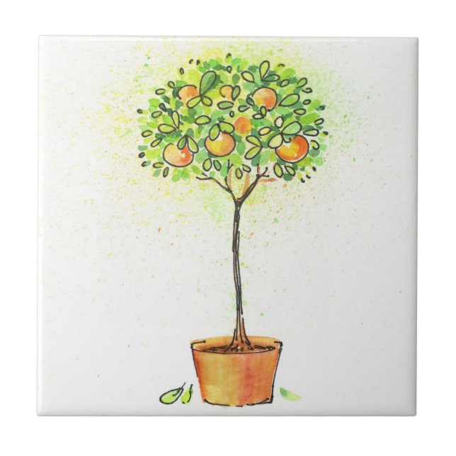 Painted watercolor citrus tree in pot ceramic tile (Front)