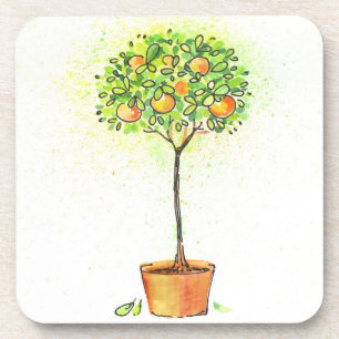 Painted watercolor citrus tree in pot coaster