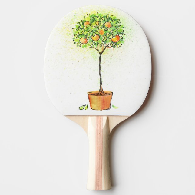 Painted watercolor citrus tree in pot ping pong paddle (Front)