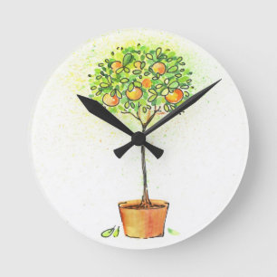 Painted watercolor citrus tree in pot round clock