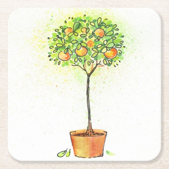 Painted watercolor citrus tree in pot square paper coaster (Front)
