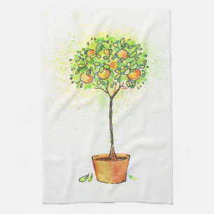 Painted watercolor citrus tree in pot tea towel