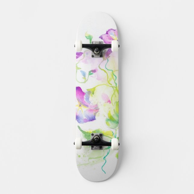 Painted watercolor convolvulus flowers skateboard (Front)
