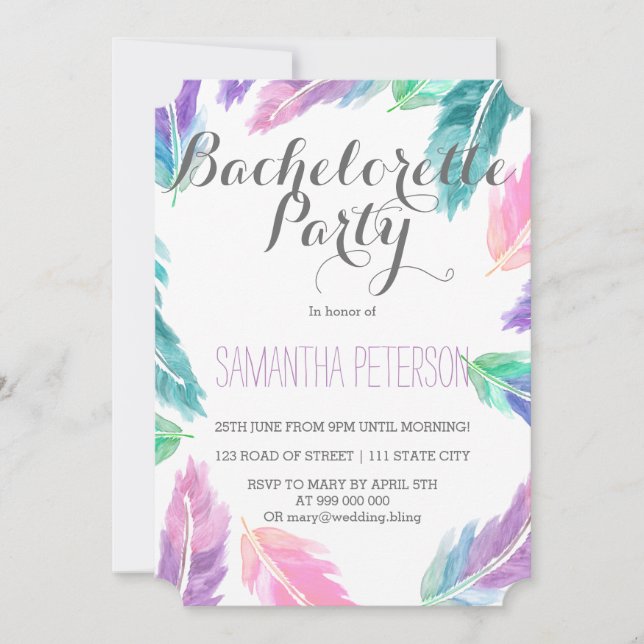 Painted watercolor feathers bachelorette party invitation (Front)