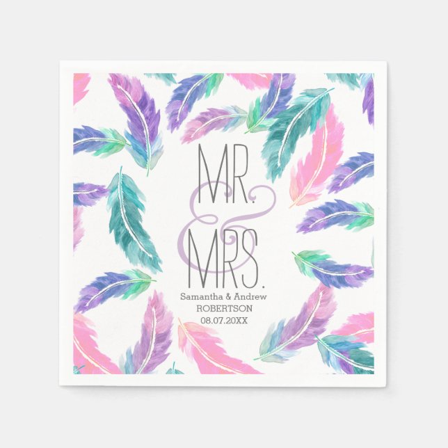 Painted watercolor feathers wedding napkin (Front)