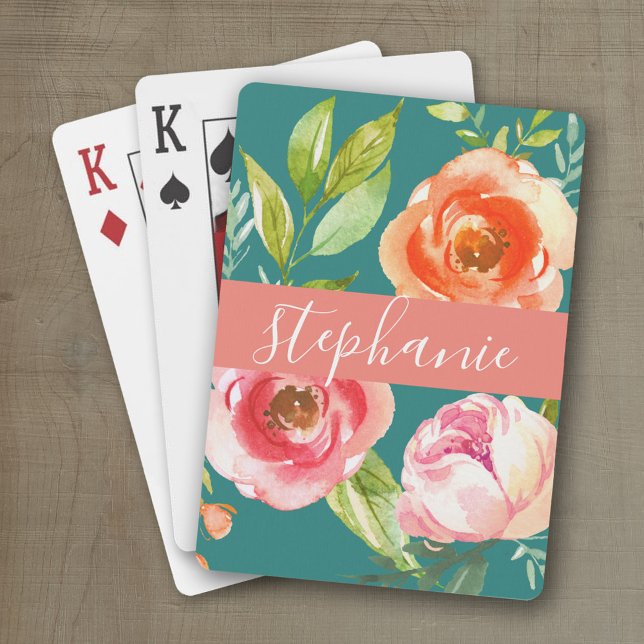 Painted Watercolor Floral Pattern Custom Name Playing Cards (Personalized playing cards with watercolor flowers and a place for a name)