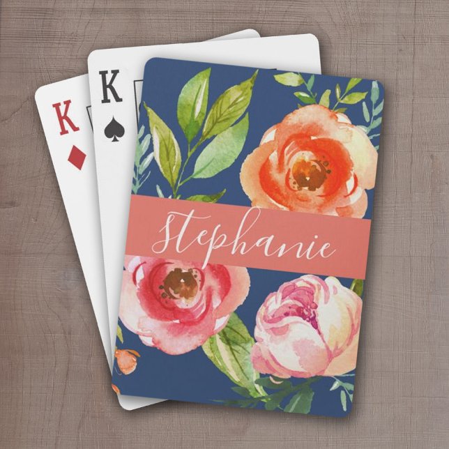 Painted Watercolor Floral Pattern Custom Name Playing Cards (Add a name or monogram to these personalized playing cards.)