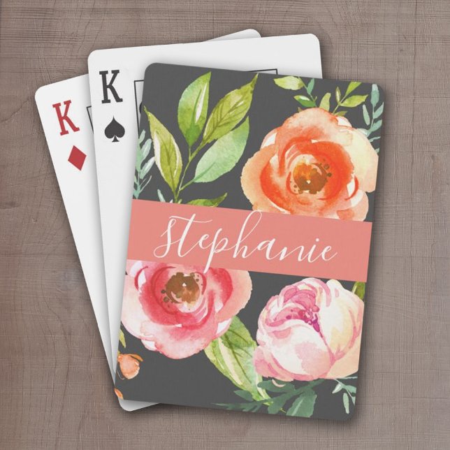 Painted Watercolor Floral Pattern Custom Name Playing Cards (Add a name or monogram to these personalized playing cards.)
