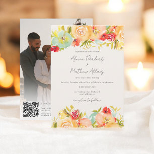 Painted Watercolor Floral Photo Qr code Wedding Invitation