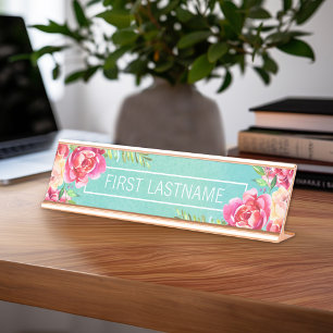 Painted Watercolor Flowers Calligraphy Name Desk Name Plate