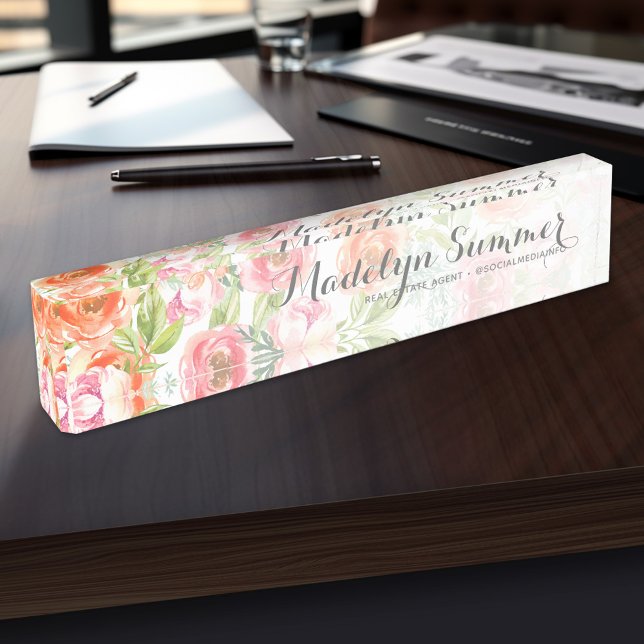 Painted Watercolor Flowers Calligraphy Name Nameplate (Personalized Name Plate for the Office, School or Home)