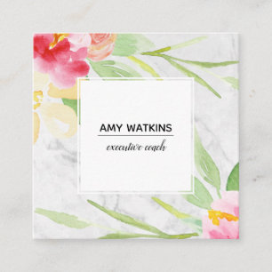 Painted Watercolor Flowers over Subtle Gray Marble Square Business Card