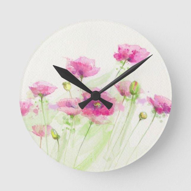 Painted watercolor poppies 3 round clock (Front)