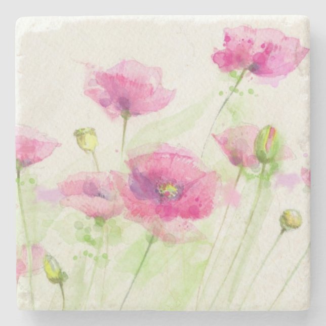Painted watercolor poppies 3 stone coaster (Front)