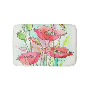 Painted watercolor poppies bath mat
